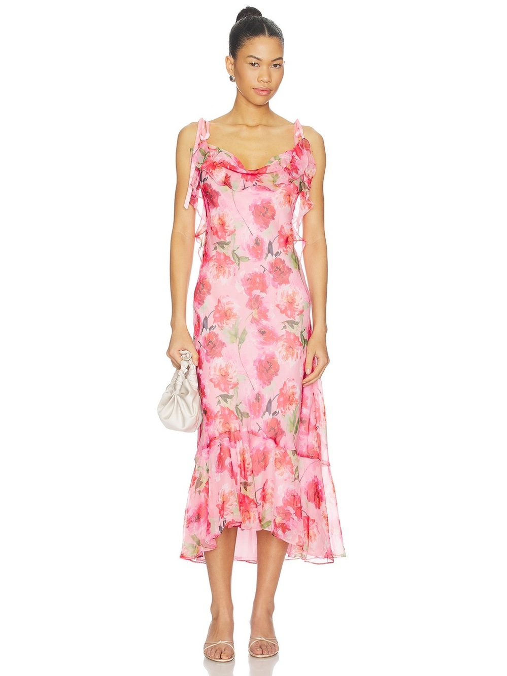 ASTR The Label NWT Nissa Dress Midi Pink Floral Ruffle Wedding Guest Revolve